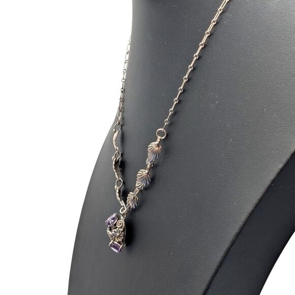 Vintage 925 Sterling Silver Purple Gemstone Leaf Flower Design 20" Necklace - Picture 2 of 15